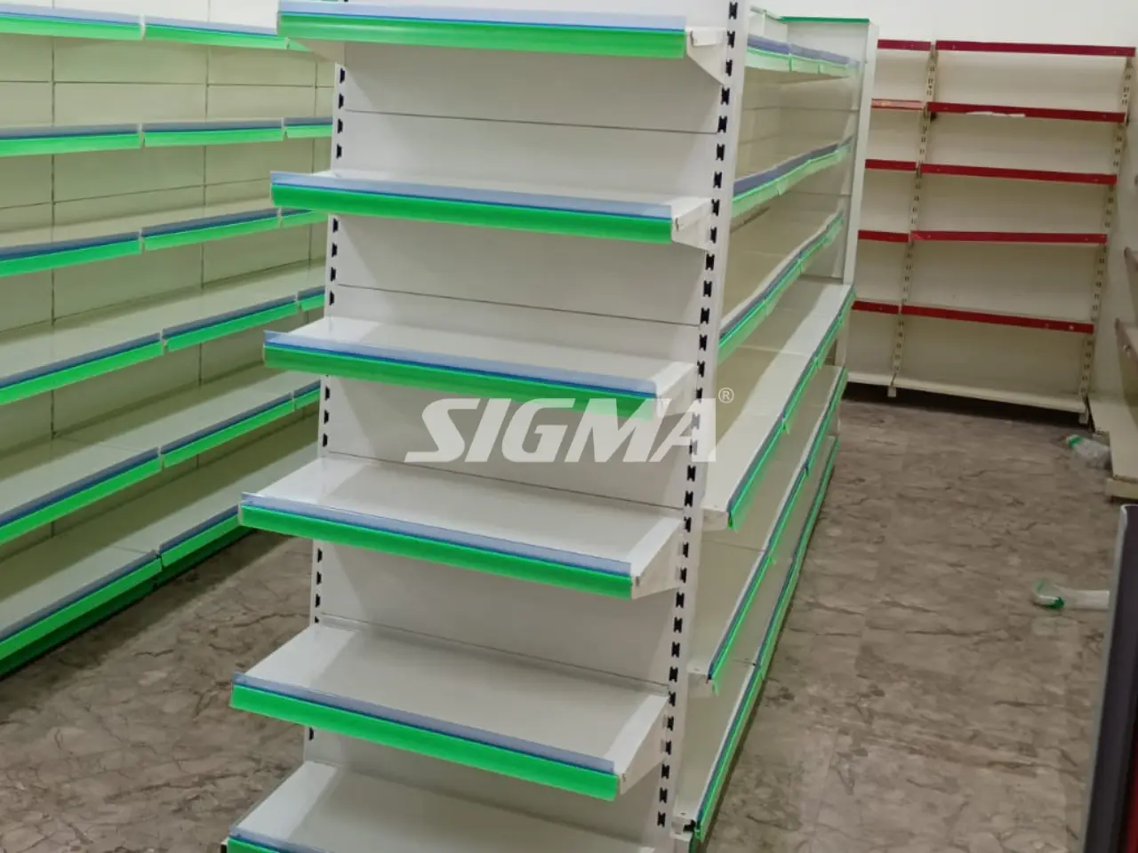 334937850_Green color double sided racks for supermarket in Bangalore.webp